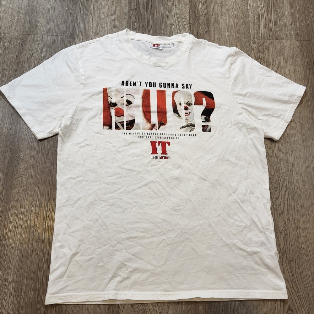 It The Movie Promo Mens Sze L/G T Shirt Graphic 90's Pennywise Tim Curry White